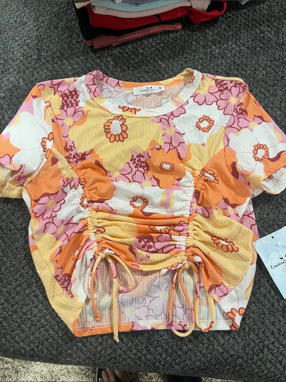 Ruched Floral Short Sleeve Top - Pink Orange Yellow